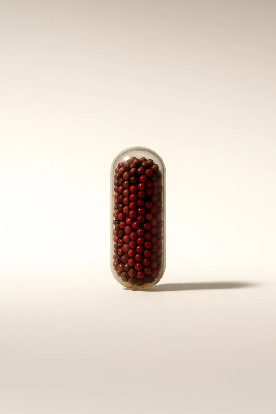 An AntiOx capsule filled with dark red microbeads