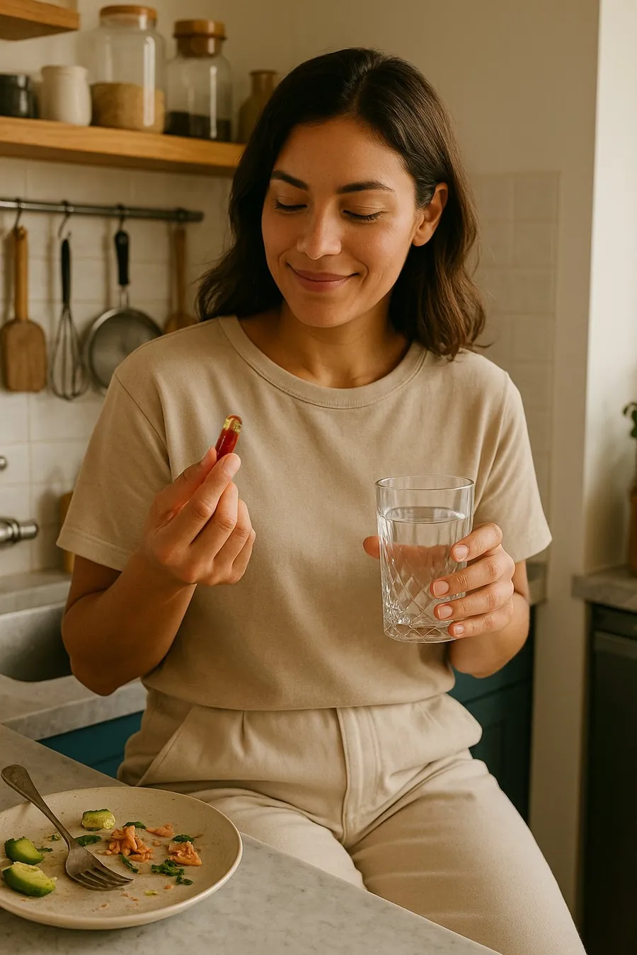 A woman at her kitchen table holding a capsule and a glass of water