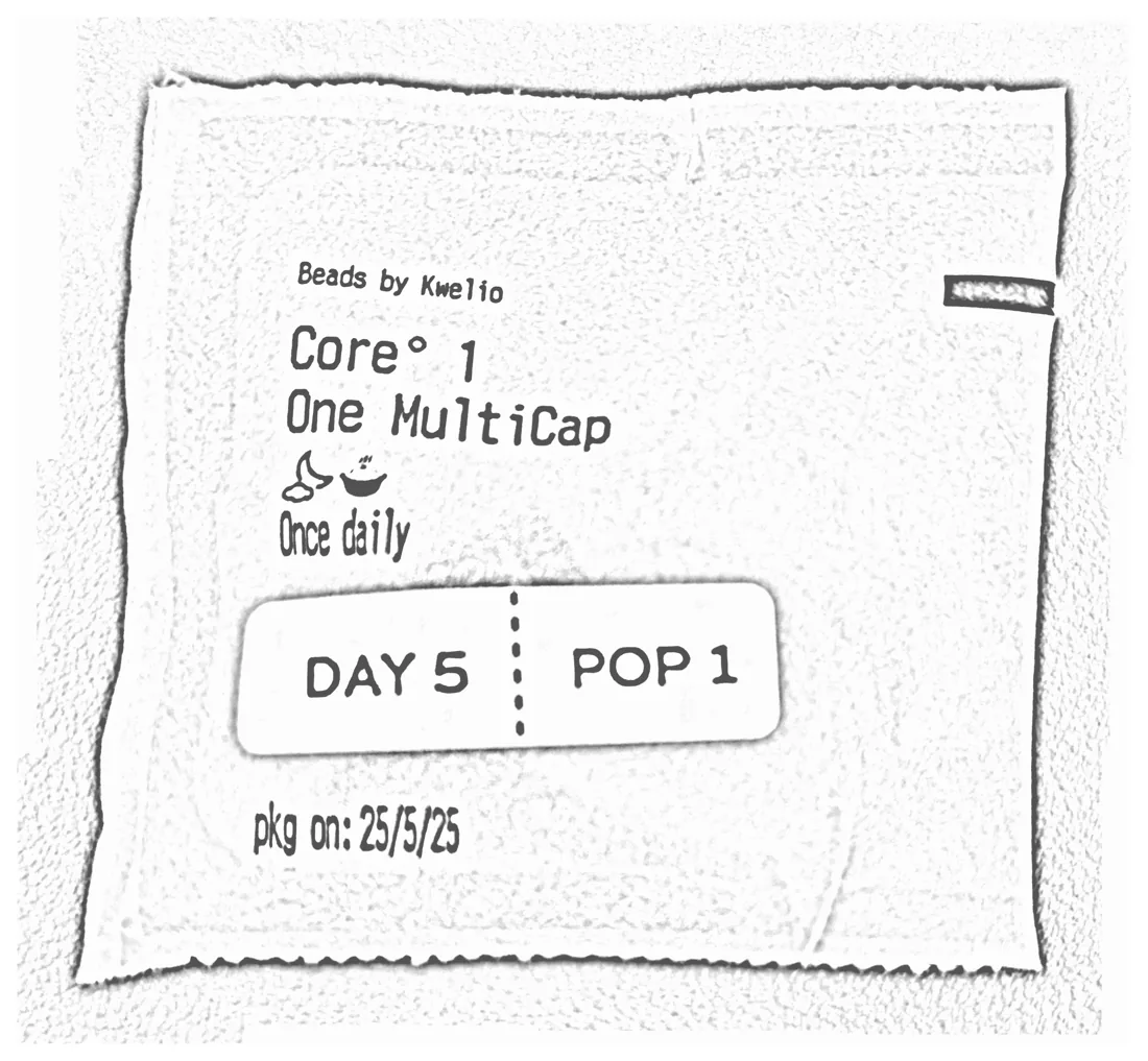 A Beads sachet printed Coreº1, once daily, day 5, Pop 1